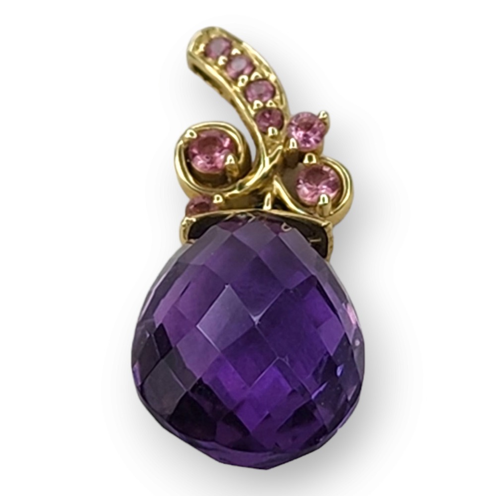 Pendant 10KT Yellow Gold Amethyst Pink Tourmaline Vintage Large Faceted Purple‎ - Picture 5 of 11